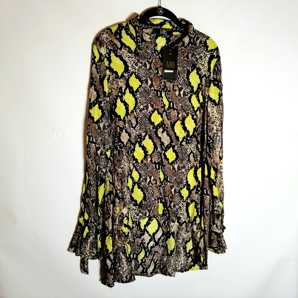 Lucky & Blessed Top Women's XL Black Brown Yellow Animal Print Ruffle Sleeve New